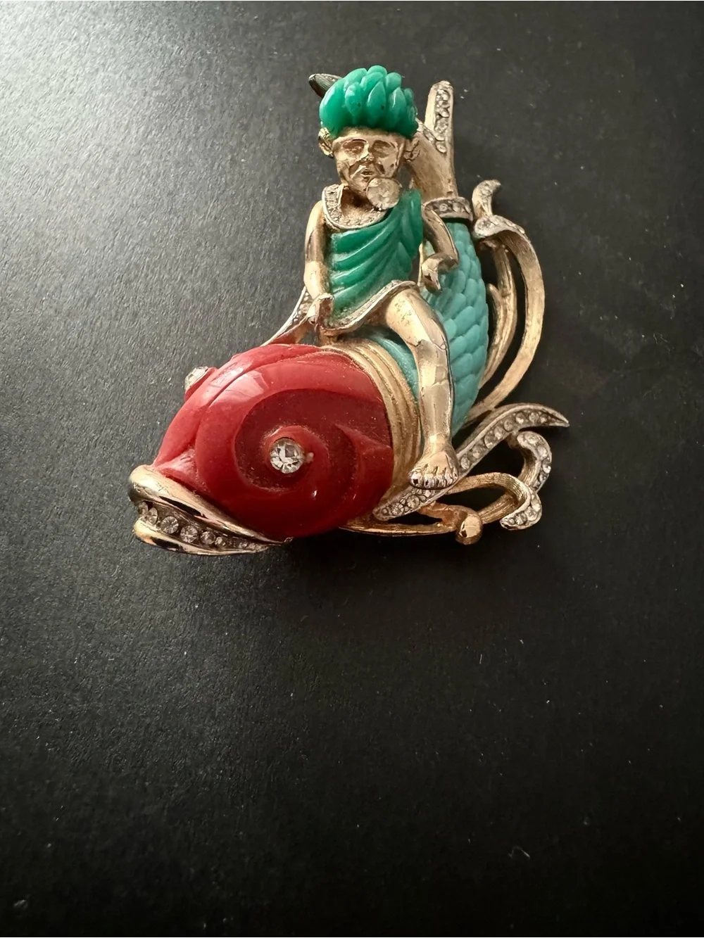 Vintage Unsigned Carnegie Figural Faux Jade Boy Riding Dolphin Fish Brooch Pin